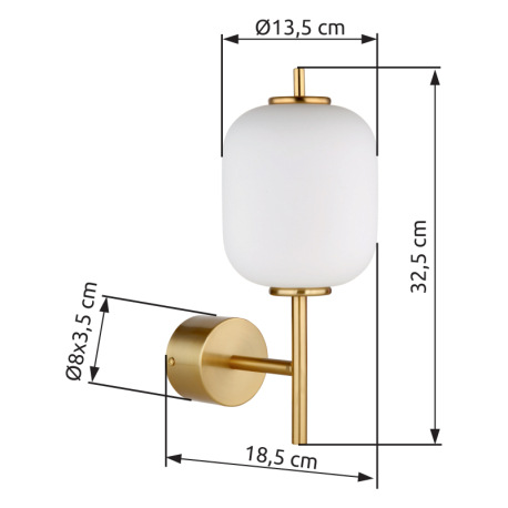Nástenné svietidlo, kov mosadznej farby, sklo biele, smer svetla: nahor, ŠxV: 135x325mm, H: 185mm, L 18