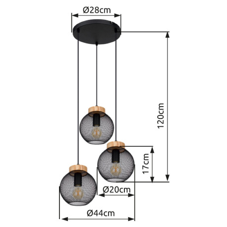 Závesné svietidlo, kov čierny, drevo, Ø440, V:1200, bez žiaroviek 3xE27, max. 60W 230V 18