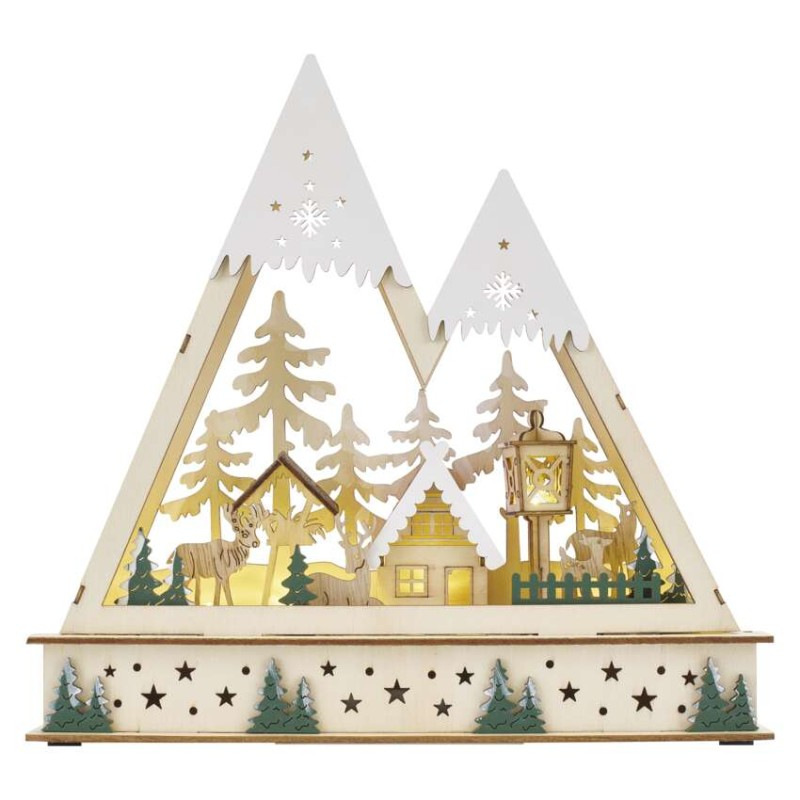 LED drevená vianočná krajina, 23,5 cm, 2x AA, vnútorný, teplá biela, časovač