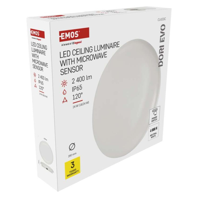 LED stropné svietidlo DORI EVO, MW sensor, okrúhle biele 24W, IP65, Neutrálna biela 8