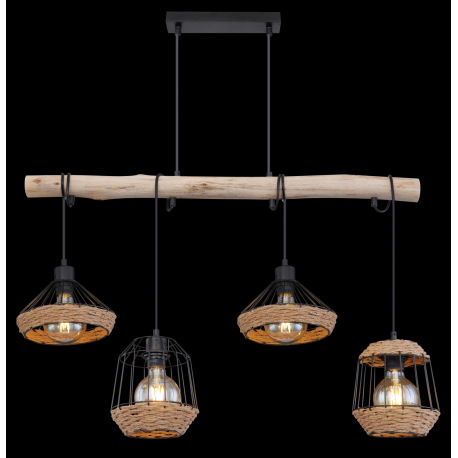 Závesné svietidlo, kov čierny matný, drevo, konopné lano, DxŠxV: 1050x210x1250, bez žiaroviek 4xE27, 5