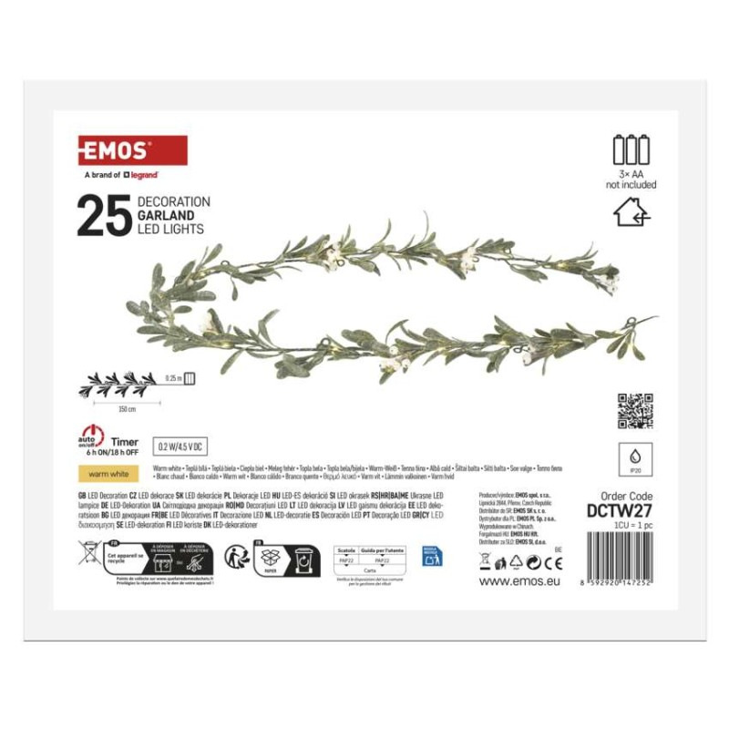 LED vianočná girlanda - jmelí, 1,5 m, 3x AA, vnútorné, teplá biela, časovač 5