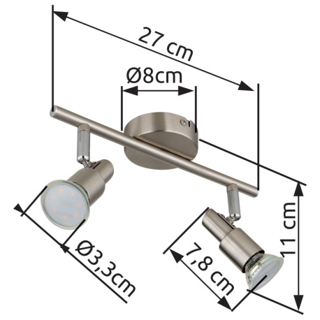 Nástenné svietidlo, kov nikel matný, kov chróm, DxŠxV: 270x80x110mm, vrátane žiarovky 2xGU10 LED 3W 10