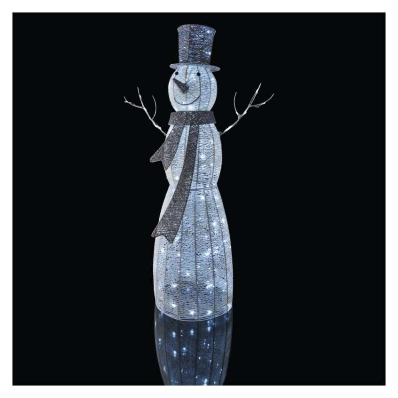 LED vianočný snehuliak ratanový, 124 cm, vnútorný, studená biela, časovač 9