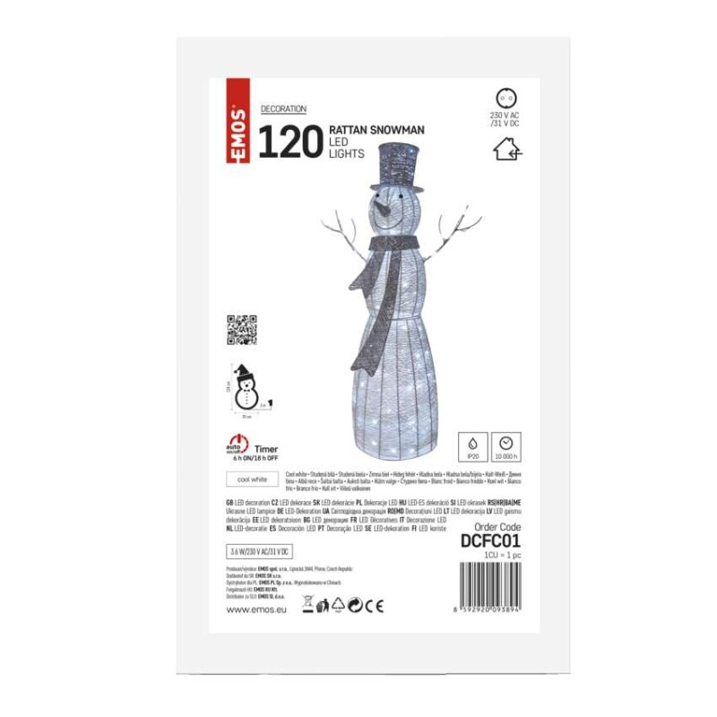 LED vianočný snehuliak ratanový, 124 cm, vnútorný, studená biela, časovač 6