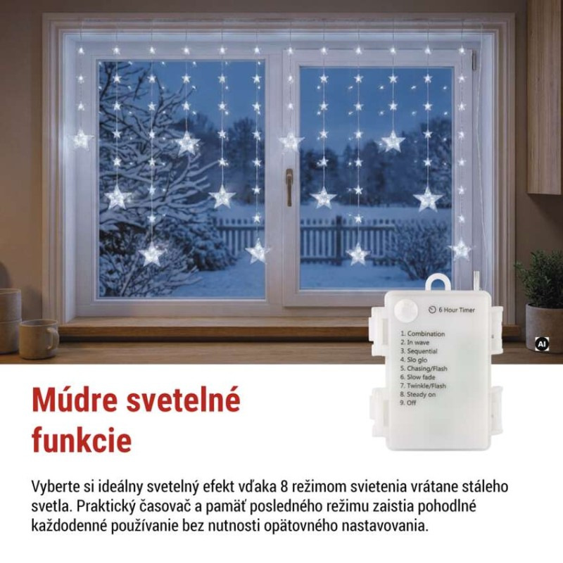 Vianočná LED girlanda – hviezdy, 1,7 m, 3x AA, IP44, studená biela, časovač 6