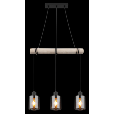 Závesné svietidlo, kov čierny, drevo prírodná farba, sklo dymová farba, kábel na omotanie, DxŠxV: 50 5