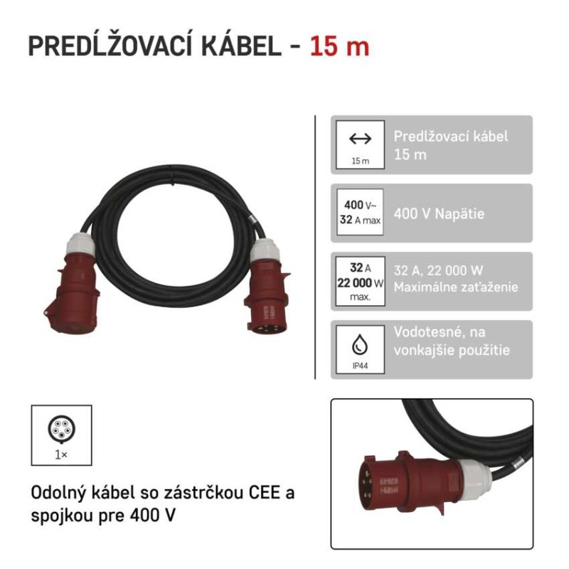 3 fázový vonkajší predlžovací kábel 15 m / 1 zásuvka / čierny / guma / 400 V / 4 mm2