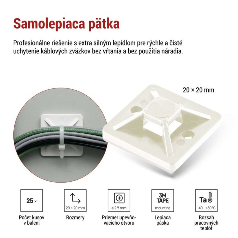 Samolepiaca príchytka sťahovacej pásky 20×20, biela, 25 ks 1