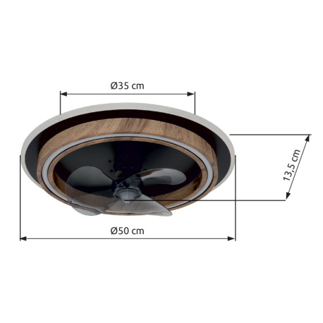 Stropný ventilátor, kov čierny matný, MDF vzhľad dreva tmavý, plast biely/dymový, stmievateľný, niek 16