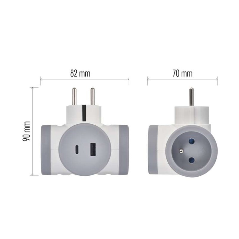 Rozbočovacia zásuvka 2×, 1×USB-A+1×USB-C, bielo-sivá 8