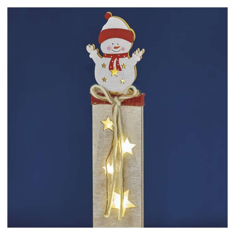 LED dekorácia drevená – snehuliak, 46 cm, 2x AA, vnútorná, teplá biela, časovač 3
