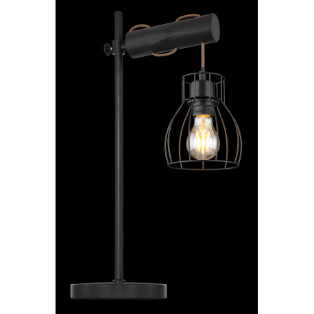 Stolová lampa, kov čierny, drevo čierne, imitácia spáleného dreva, textilný kábel šampaň, vypínač, D 2