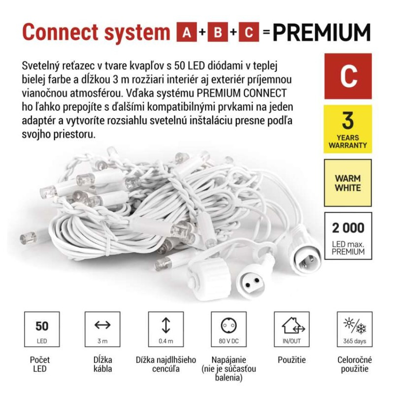 Premium LED spojovacia reťaz biela – cencúle, 3 m, vonkajšia, teplá biela