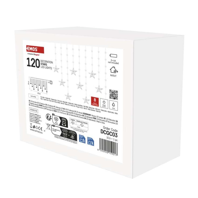 Vianočná LED girlanda – hviezdy, 1,7 m, 3x AA, IP44, studená biela, časovač 1