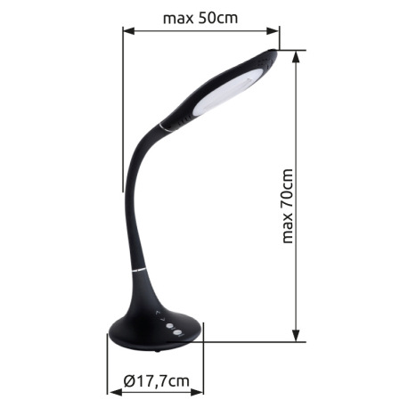 Stolová lampa, plast, chróm, biely, hliník, flexo, dotykový vypínač ON / OFF, dotykový stmievač, DxŠ 7