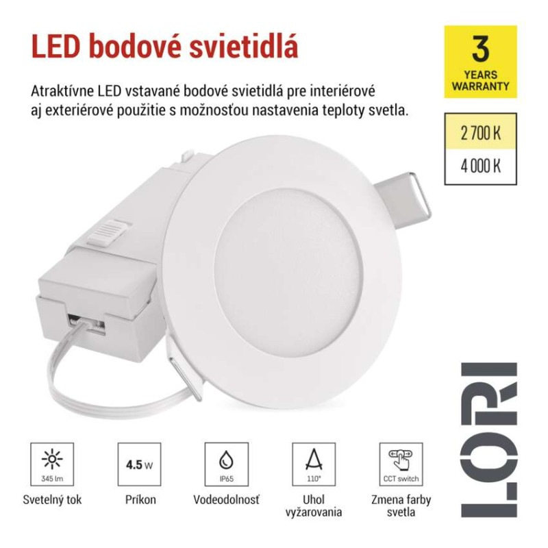 LED bodové svietidlo LORI 4,5W 345LM IP65 CCT bielá 4