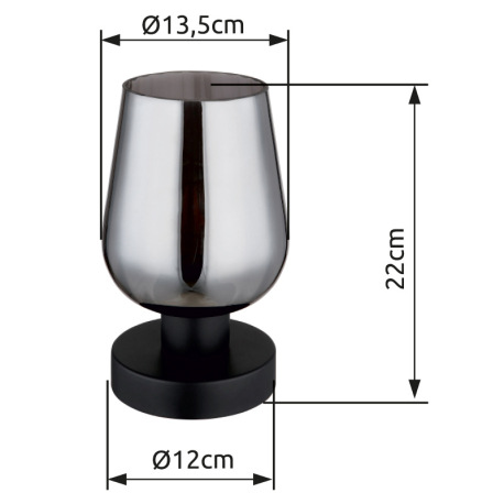 Stolové svietidlo, kov čierny, sklo dymovej farby, kábel PVC čierny, kolískový vypínač na kábli, ø: 6