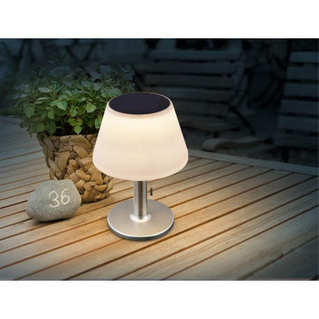 Solárne svietidlo, nerez, plast biely, stolová lampa s ťahovým vypínačom, IP44, akumulátor CR18650 1 5