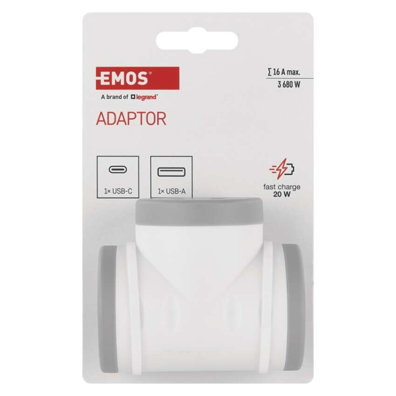 Rozbočovacia zásuvka 2×, 1×USB-A+1×USB-C, bielo-sivá 4