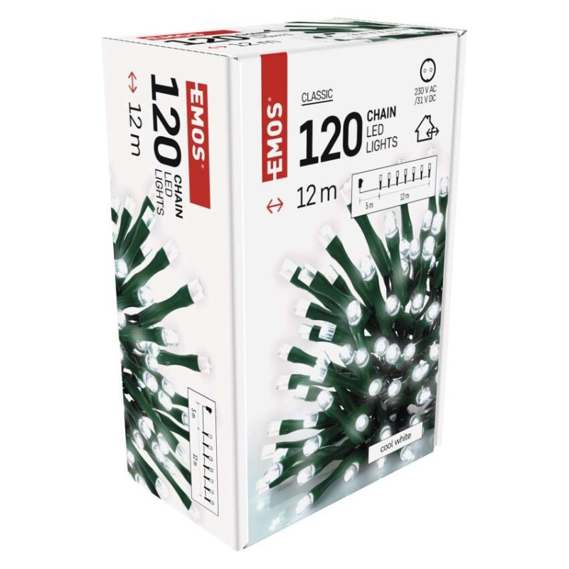 LED vianočná reťaz, 12 m, vonkajšia aj vnútorná, studená biela, časovač 10