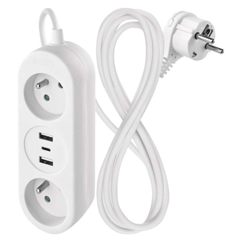 Predlžovací kábel 1,4 m / 2 zásuvky+2×USB-A+1×USB-C / biely / PVC / 1,5 mm2