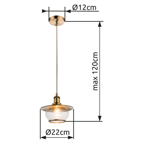 Závesné svietidlo, kov bronzovej farby, sklo, Ø 220, V: 1200, bez žiarovky 1xE27, max. 60W 230V. 12