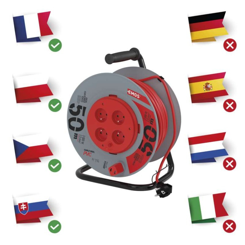 Predlžovací kábel na bubne 50 m / 4 zásuvky / červený / PVC / 230 V / 1,5 mm2 5