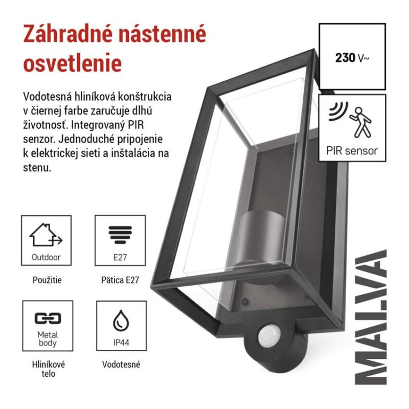 Záhradné nástenné svietidlo MALVA, senzor súmraku, 13 x 12 x 28 cm, 1 x E27, 15 W 2