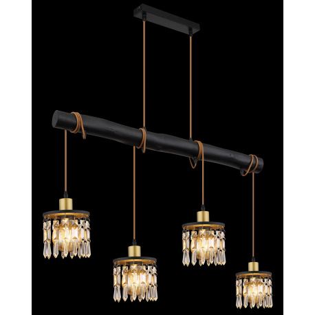 Závesné svietidlo, mosadz, drevo čierne, sklenené krištále, textilný kábel hnedý, nastaviteľná výška 13