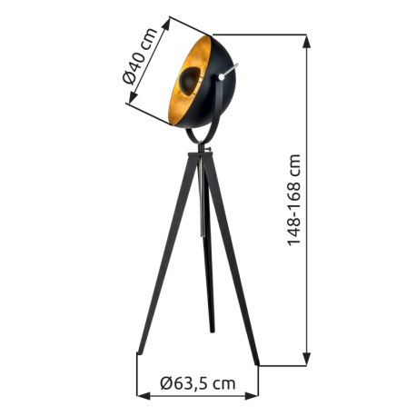 Stojacia lampa, kov čierny matný, kov zlatej farby, otočná, výškovo nastaviteľná 148-168 cm, ø: 635 12