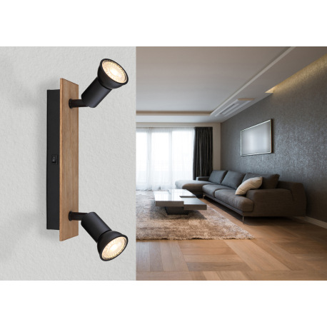 Nástenné svietidlo, drevo tmavohnedé, kov čierny, s vypínačom, DxŠxV:250x60x90mm, bez žiaroviek 2x G 10