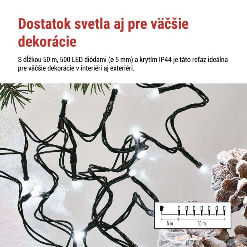 LED vianočná reťaz, 50 m, vonkajšia aj vnútorná, studená biela, programy, časovač 1