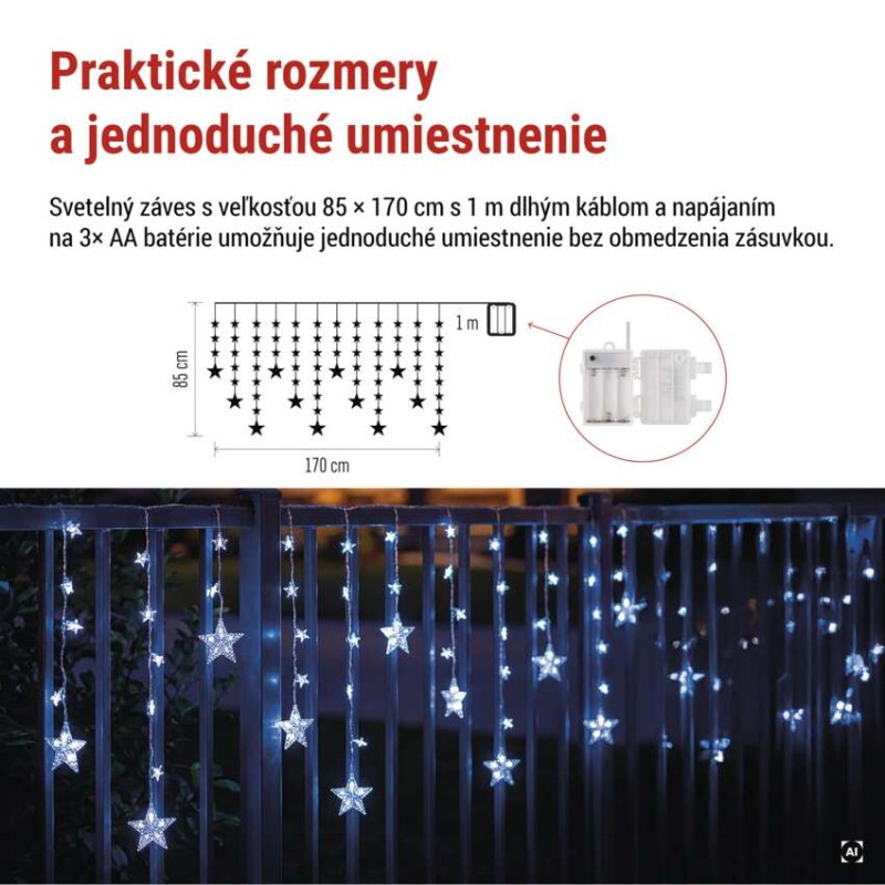Vianočná LED girlanda – hviezdy, 1,7 m, 3x AA, IP44, studená biela, časovač 5