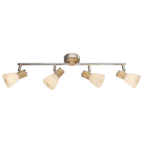 Stropné svietidlo, nikel matný, drevo, sklo biele pruhované, DxV: 600x155, bez žiaroviek 4xE14, max.