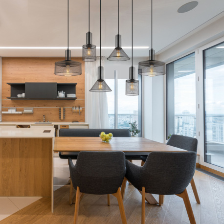 Závesné svietidlo kov čierny matný, kovová sieťka čierna matná, kábel PVC čierny, možnosť nastavenia 1