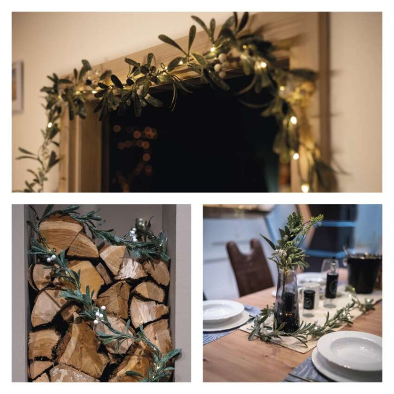 LED vianočná girlanda - jmelí, 1,5 m, 3x AA, vnútorné, teplá biela, časovač 8