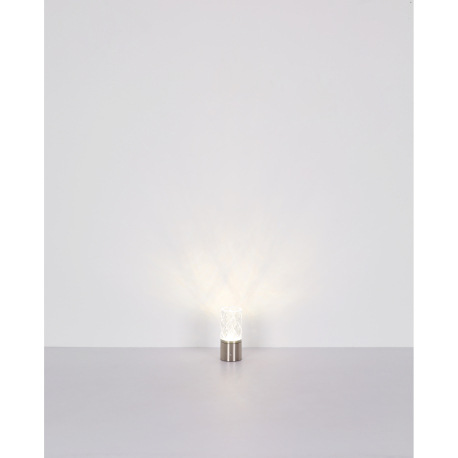 Nabíjateľná stolová lampa, kov nikel, chróm, akryl číry, kábel PVC biely, dotykové zapnutie/vypnutie 9