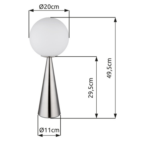 Stolové svietidlo, kov nikel, sklenená guľa biela, kábel textilný čierny, kolískový vypínač na kábli 7