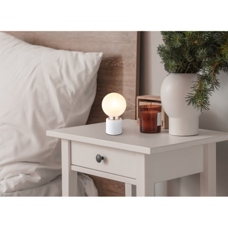 Stolová lampa, kov biely matný, nikel, sklo biele, satinované, kolískový vypínač na kábli, ø:150mm, 7