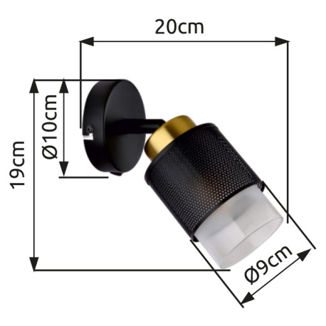 Nástenné svietidlo, kov čierny matný, sklo satinované, priehľadné, kov mosadznej farby, ŠxV: 100x190 20
