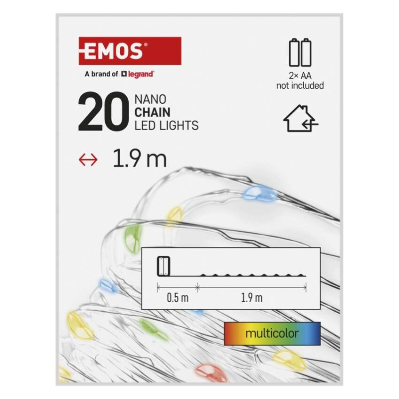 LED vianočná nano reťaz, 1,9 m, 2x AA, vnútorná, multicolor, časovač 10