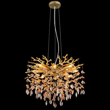 Závesné svietidlo, kov zlatej farby matný, sklenené krištále jantárové, číre, výškovo nastaviteľné, 7