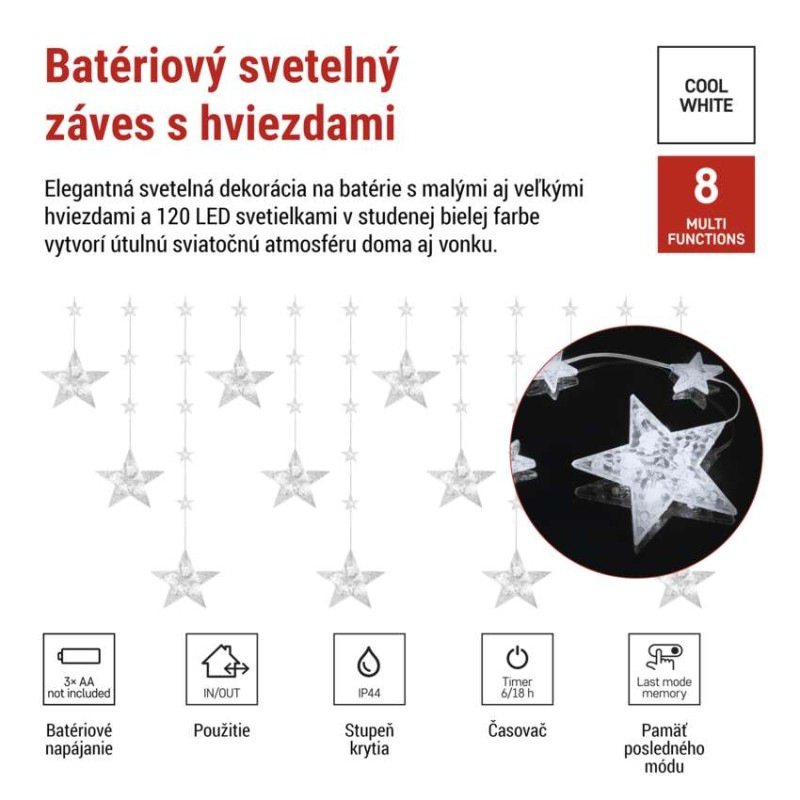Vianočná LED girlanda – hviezdy, 1,7 m, 3x AA, IP44, studená biela, časovač 4