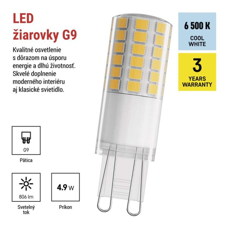 LED žiarovka Classic JC / G9 / 4,9 W (60 W) / 806 lm / Studená biela