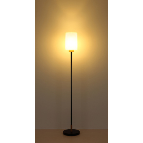 Stojanová lampa, matný čierny kov, biele matné sklo, tmavý dub, čierny textilný kábel, nožný spínač 15