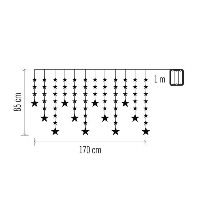 Vianočná LED girlanda – hviezdy, 1,7 m, 3x AA, IP44, studená biela, časovač 2