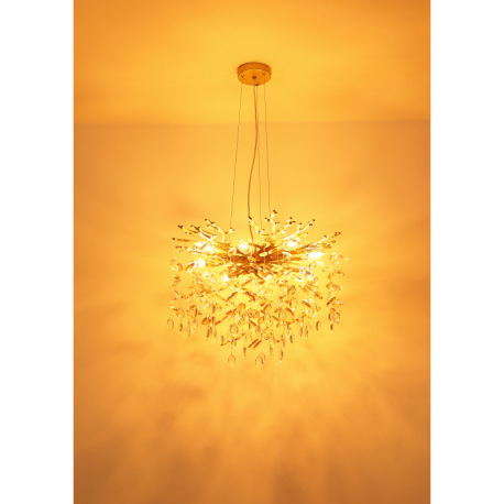 Závesné svietidlo, kov zlatej farby matný, sklenené krištále jantárové, číre, výškovo nastaviteľné, 4