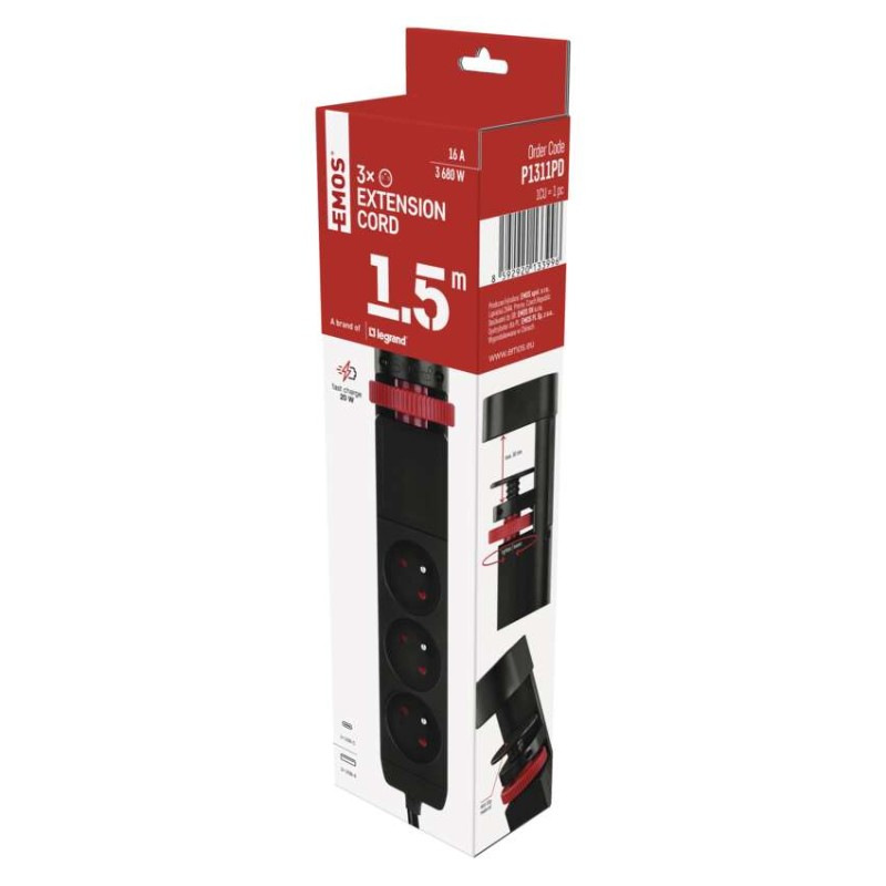 Predlžovací kábel 1,5 m/3 zásuvky/vypínač/stolný držiak/USB/čierny/PVC/1,5 mm2 10