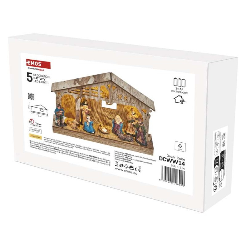 LED vianočný betlehem drevený, 19 cm, 3x AA, vnútorný, teplá biela, časovač 1